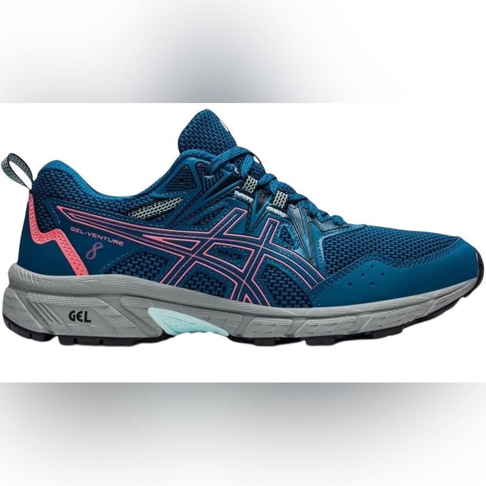 Asics Women's Gel-Venture 8 trail running shoe in blue with pink accents.